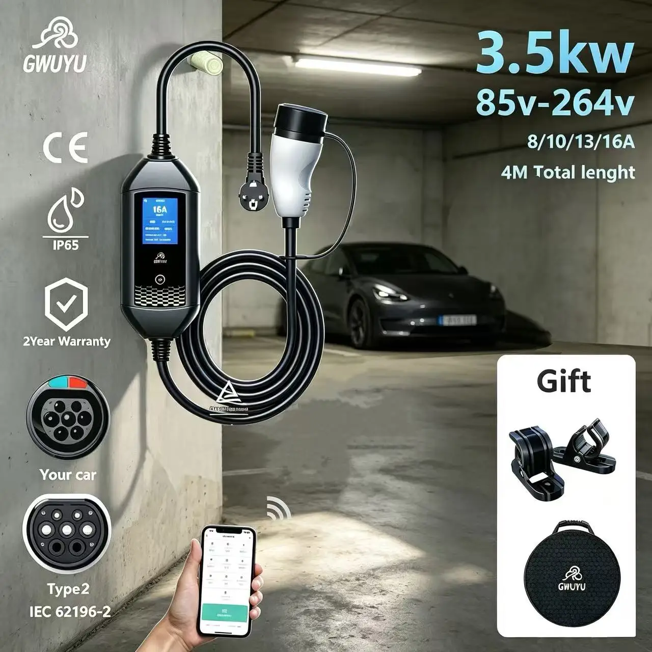 GWUYU Tragbares EV-Ladegerät 3,5 kW 16 A Typ 2 WLAN-App-Steuerung LCD-Bildschirm 4 m Kabel IP65 Einstellbarer Strom Schuko-Stecker Versand aus Frankreich