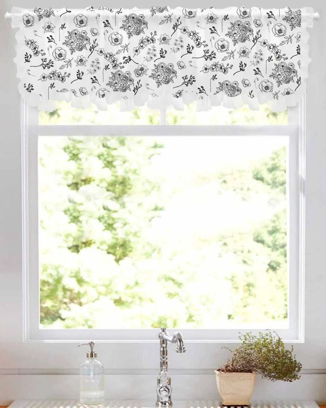 

Sketch Flowers Leaves Retro Short Tulle Half Curtains for Living Room Kitchen Door Cafe Window Sheer Valance Drapes