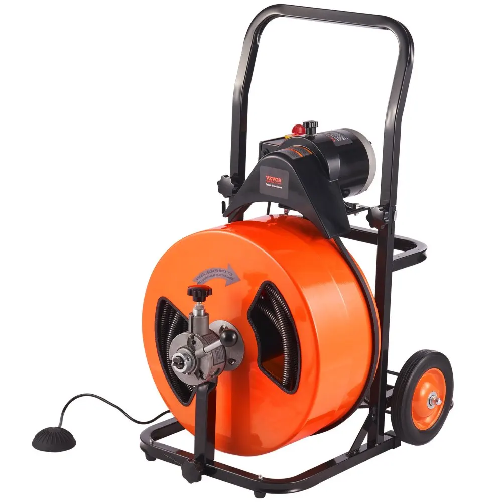 

100FTx3/4Inch Auto Feed Drain Cleaner Sewer Snake with 4 Cutters & Air Foot Switch for 1"-4" Pipes