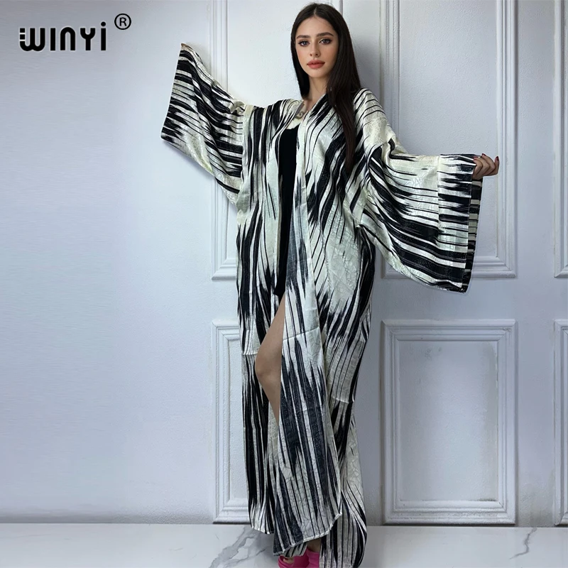 WINYI 2024 High-quality Double-sided Print Silk feel Dress Beach Wear Boho Cardigan abaya women muslim dress Long Sleeve Kimono