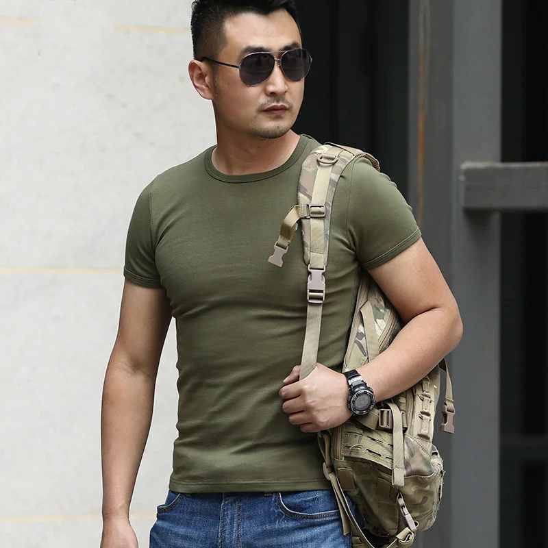 Outdoor Summer Tactical Quick Dry T-Shirt Men Short-Sleeved Military Fan Round Neck Slim Stretch Climbing Training Sport