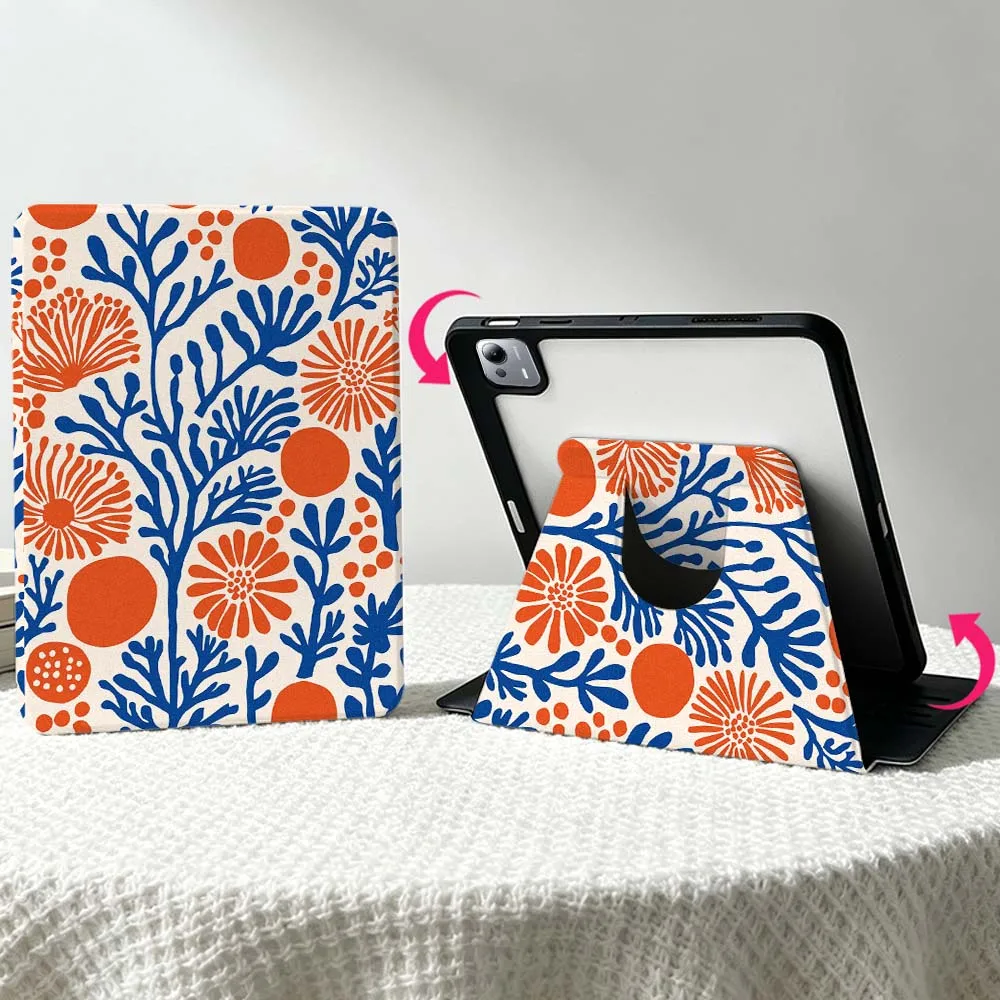 Abstract Floral Foliage Soft For Xiaomi Mi Redmi Poco Pad 8 7 7S 6 6S 5 SE Pro Ultra 360° Rotation Stylus Storage Tablet Case