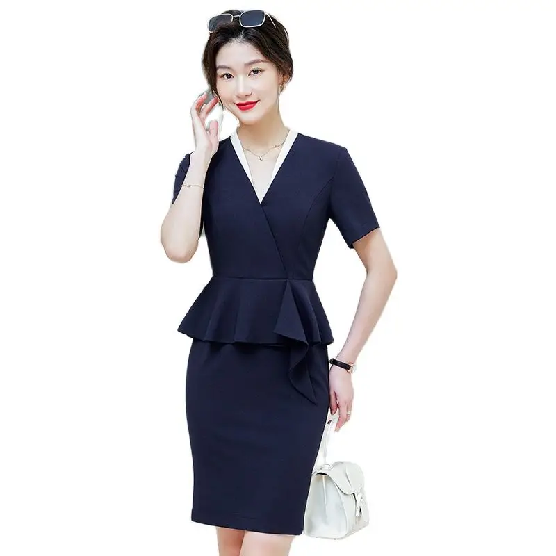 

Lenshin Summer Patchwork V-neck Mini Ruffles Dress Women's Elegant Short Sleeve Office Lady Work Wear Business Tops