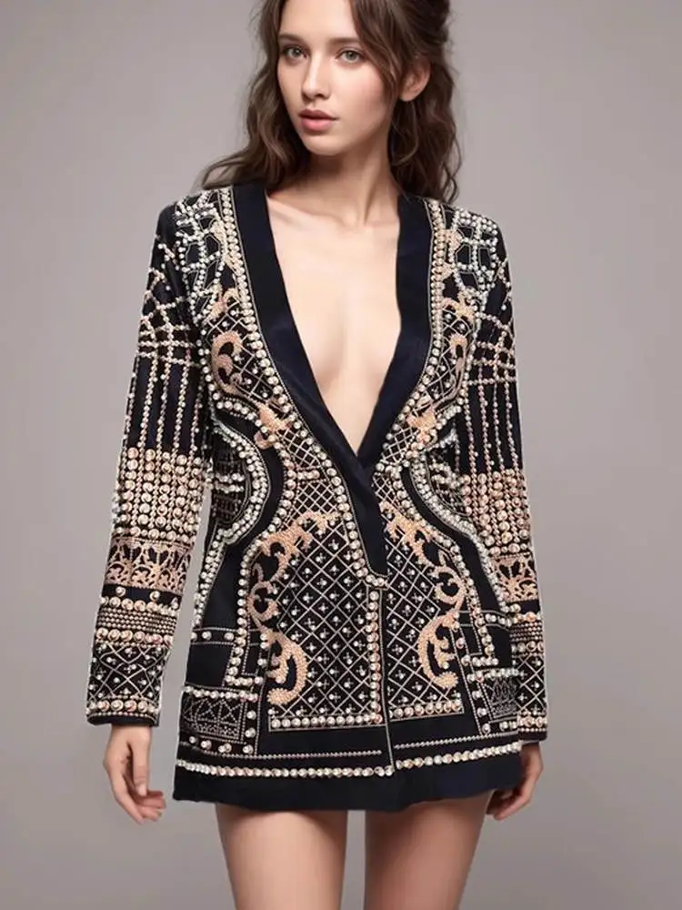 

Модный женский пиджак в придворном стиле с одной пуговицей, длинными рукавами, V-образным вырезом, больших размеров, с богатой отделкой, приталенный, в стиле пэчворк