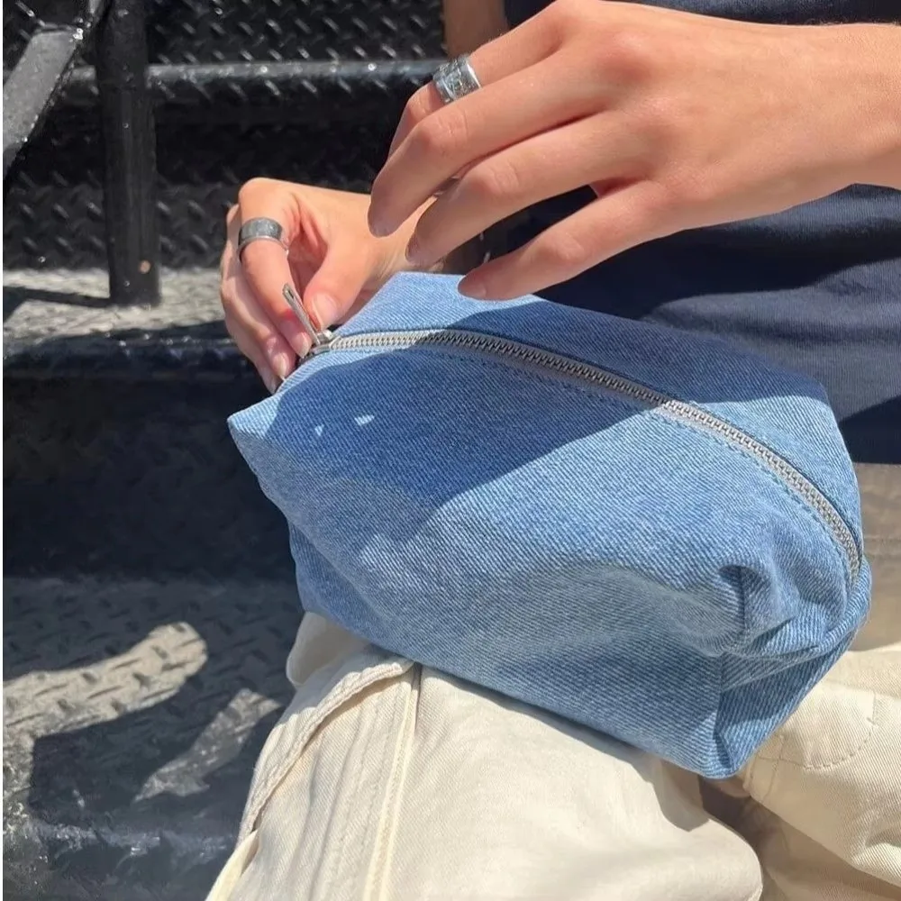 ヴィンテージソリッドカラーメイクアップバッグジッパーブルーデニム収納バッグ韓国スタイルジーンズ素材トラベルオーガナイザートラベル 1
