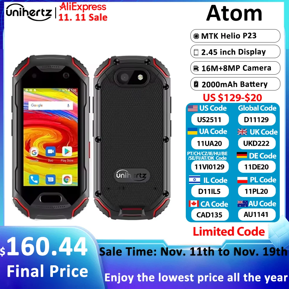 Unihertz ATOM Mini Rugged Smartphone 4GB 64GB Android 9 Octa Core 2.45 inch Unlocked Cellphone 2000mAh NFC