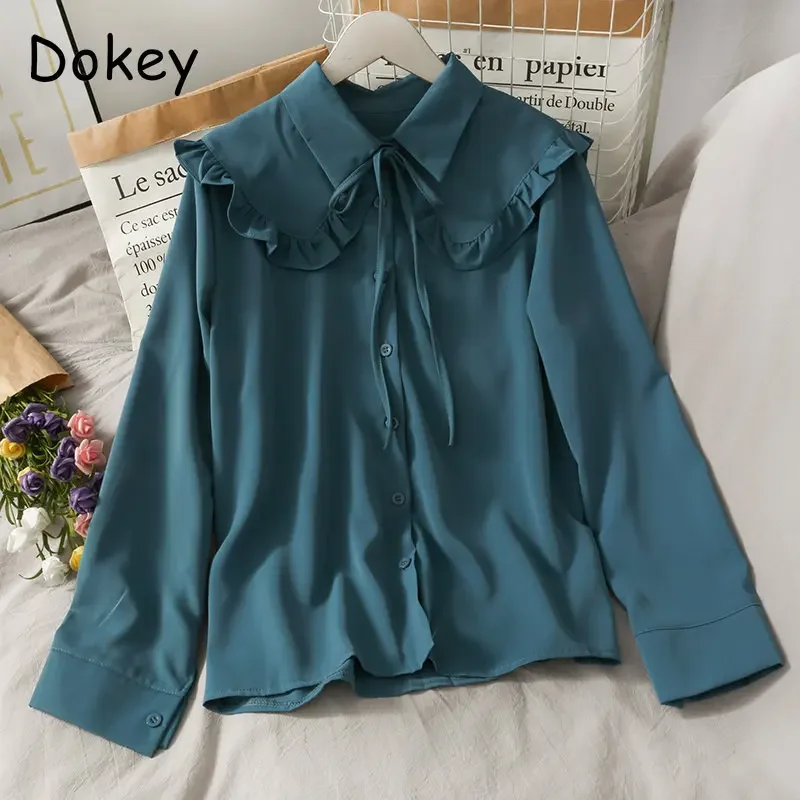 Camicia Vintage con colletto Peter Pan con lacci per donna, dolce stile coreano, camicetta Lolita a maniche lunghe, elegante Chiffon allentato con