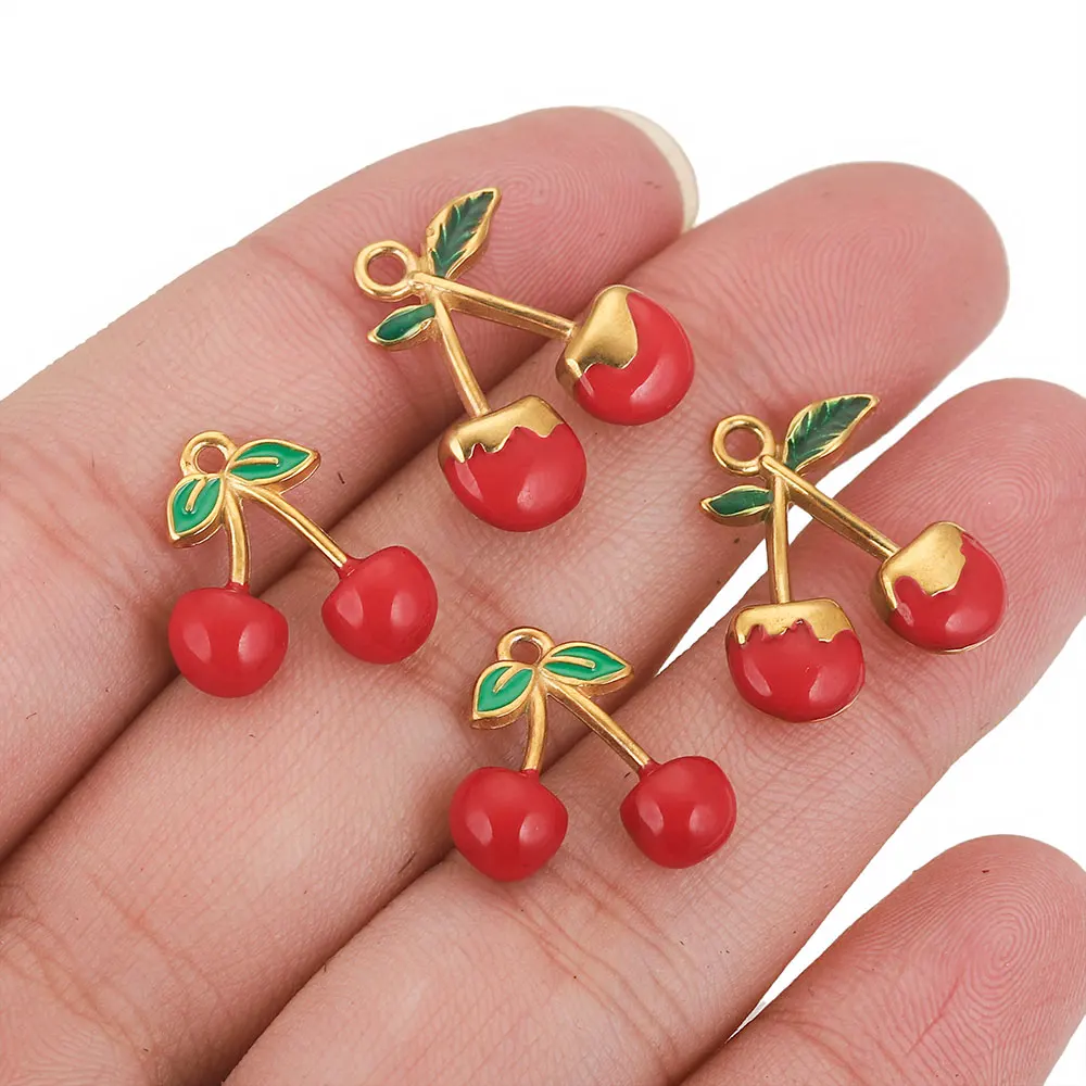 5pcs/lot Stainless Steel Cherry Charm Enamel Gold-plated for DIY Necklace Earring Jewelry Making Accessories Materials Wholesale