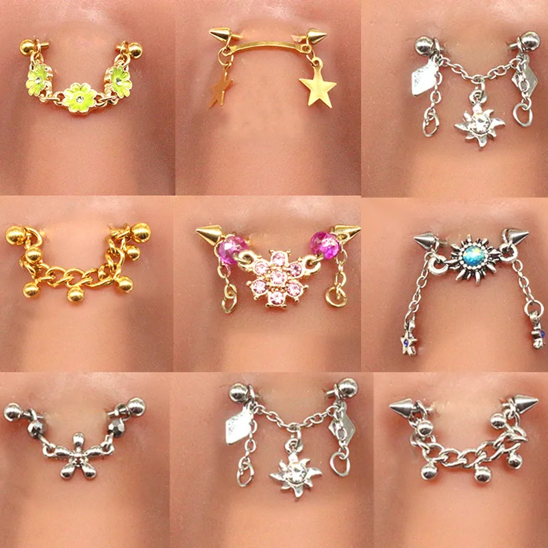 Flower Shaped Water Drop Chain Nose Bone Rings Eyebrow Piercing Decoration Stainless Steel Eyebrow Nail Body Piercing Jewelry