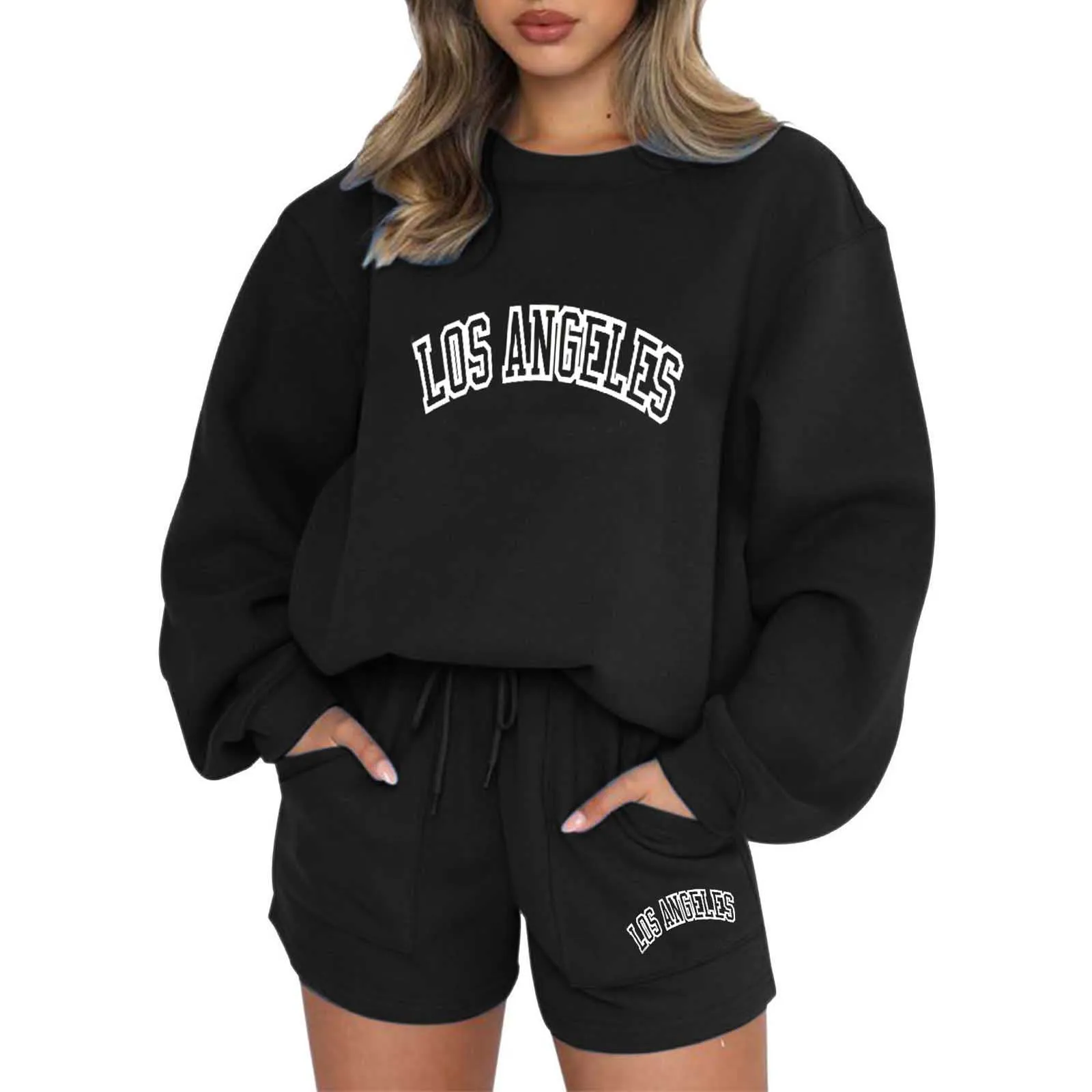 Letter Print Sport Pocket Suit 2 Piece Set Women's 2024 Winter Thick Warm Long Sleeve Sweatshirt And Shorts Two Piece Sets Women