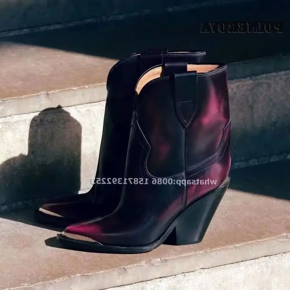 

Metal Decoration Block Heeled Ankle Boots Pointed Toe Plus Size Purple Sewing Patchwork Cowboy Boots Fashion Women Autumn Shoes