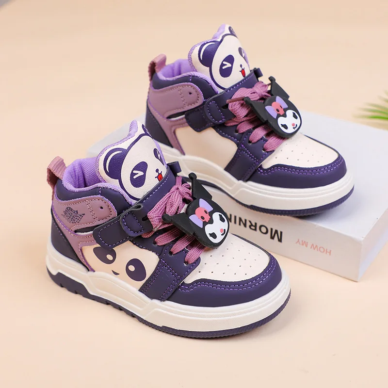 

Детская повседневная обувь Кроссовки из искусственной кожи ​ Высокие туфли с пандой, зимняя обувь для девочек, противоскользящая обувь фиолетового и розового цвета, размер 36-37