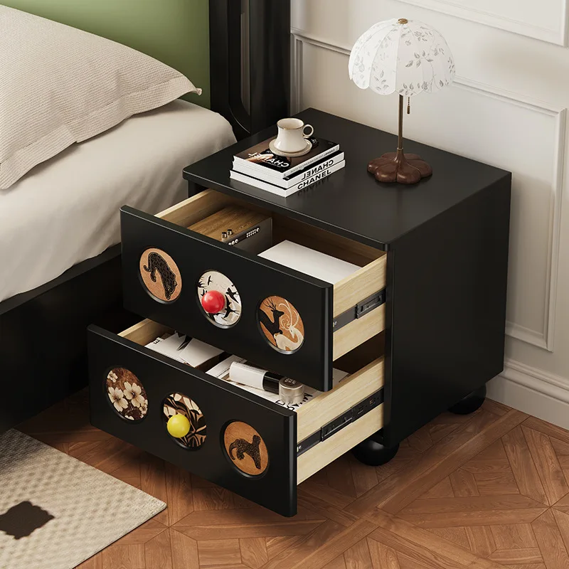 

Medieval style all-solid wood bedside table household bedroom light luxury art high-end black retro side cabinet