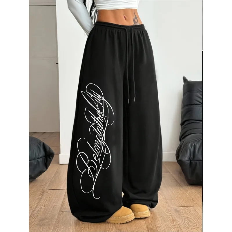 Multi functional fashionable street style casual retro art font printed women's black straight leg pants, loose sports pants