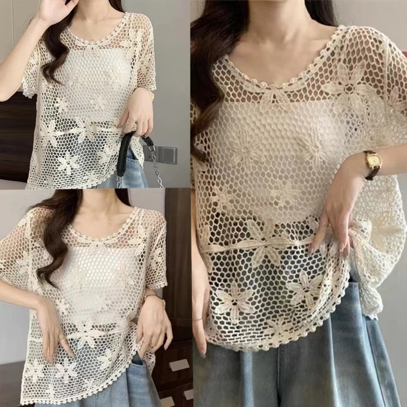 

Womens Cover Up See Through Flower Flared Short Sleeve Shirt Crop Top Hollow Crochet Knit Loose Blouse Holiday Shrug