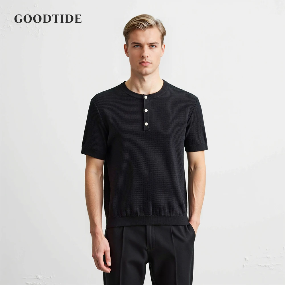 

Men's Knitted Henry Collar Short Sleeve T-shirt Summer Solid Color Business Casual Retro American Work Bottoming Shirt Top Men