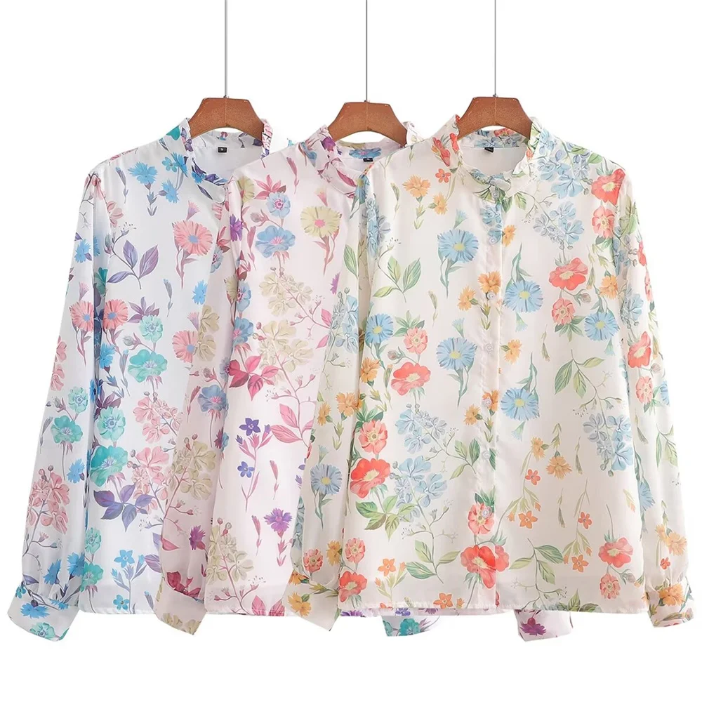 Zach Ailsa 2024 Summer New Product Women\'s Vintage Flower Print Standing Collar Long sleeved Single breasted Casual Shirt