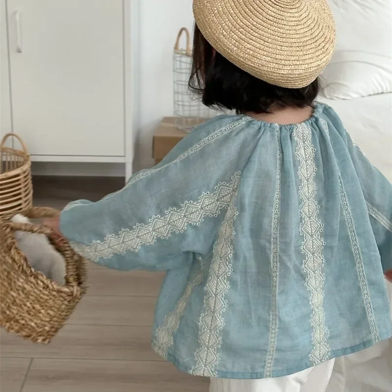 

Spring Summer Girls floral embroidery blouses 2025 children cotton loose O-Neck shirt Tops