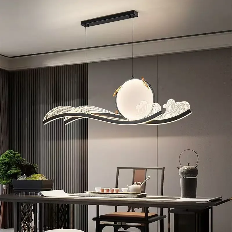 New Chinese style, dining room, chandelier, tea room study bar, long Zen