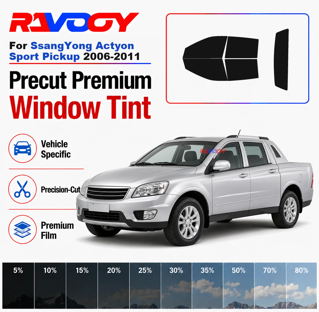 Premium Precut Window Tint Kit Front Rear Windows Rear Windshield For SsangYong Actyon Sport Pickup 2006-2011 Nano Ceramic Film