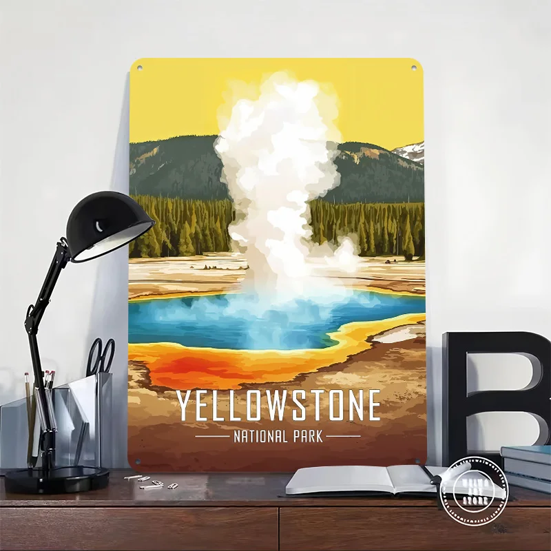 Yellowstone National Park Geyser Personalized 3D Textured Metal Poster Wall Art Vintage Tin Signs for Living Room Decoration Man