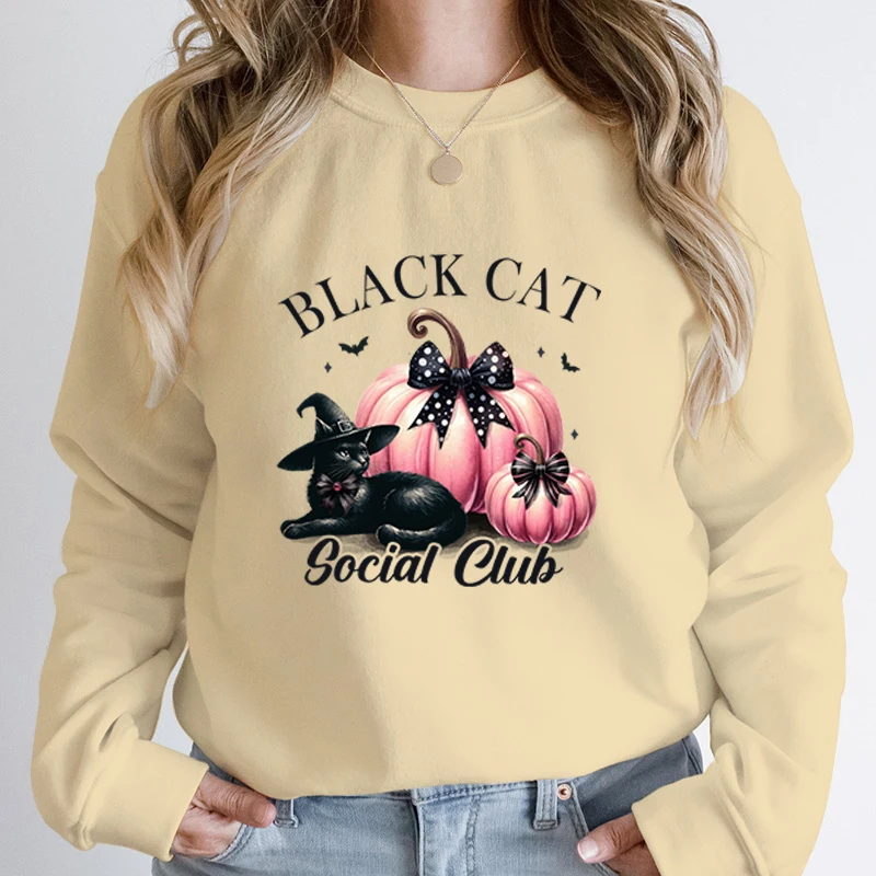 Women Fashion Creative Halloween Pumpkin Black Cat Social Club Print Pullover Long Sleeve Graphic Plus Size Hoodeless Sweatshirt