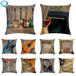 Guitar Microphone Pattern Throw Pillow Cover Rock Guitar Cotton Linen Cushion Cover Pillow Cover Sofa Home Decoration Pillowcase