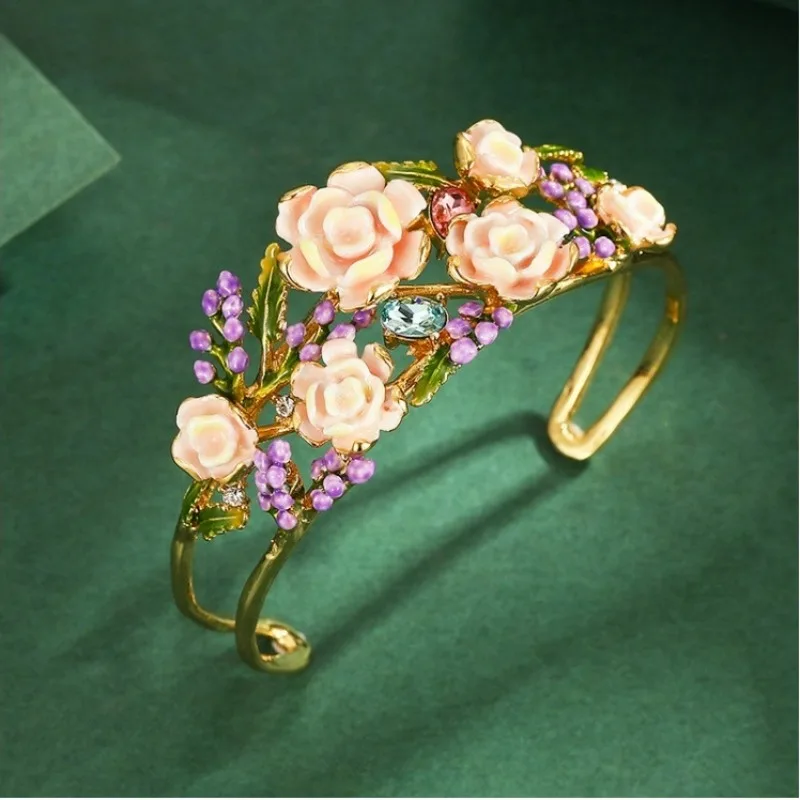 

Exquisite Flash Zirconium Rose Flower Lavender Bracelet Three-dimensional Styling High-quality Versatile Adjustable Open Bangle