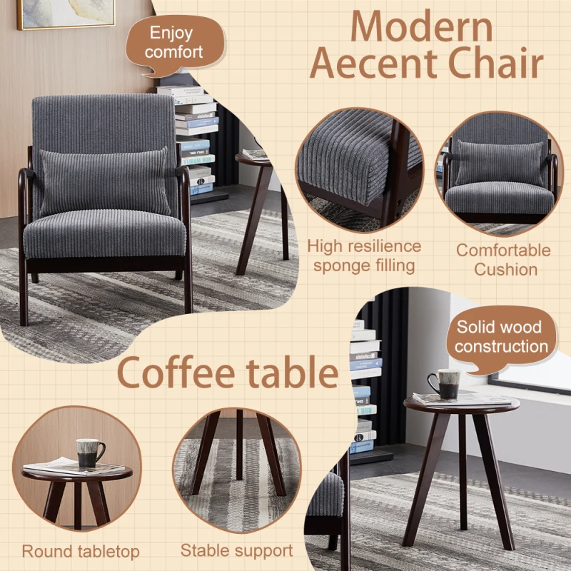 Dark Gray Antique Leisure Chair Walnut Tone Coffee Table Mid Century Modern Style Vintage Accent Set