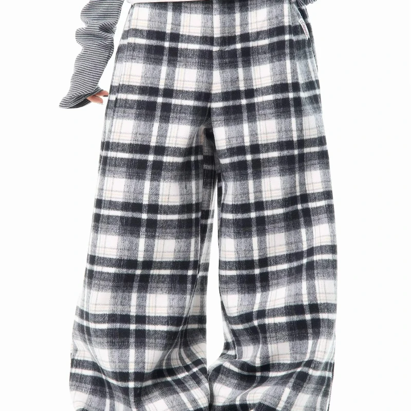Amerikanische Retro-Design Rot Plaid frauen Casual Hosen 2025, Winter Neue Lose Dünne Vielseitig Warm Halten Breite bein Hosen Damen