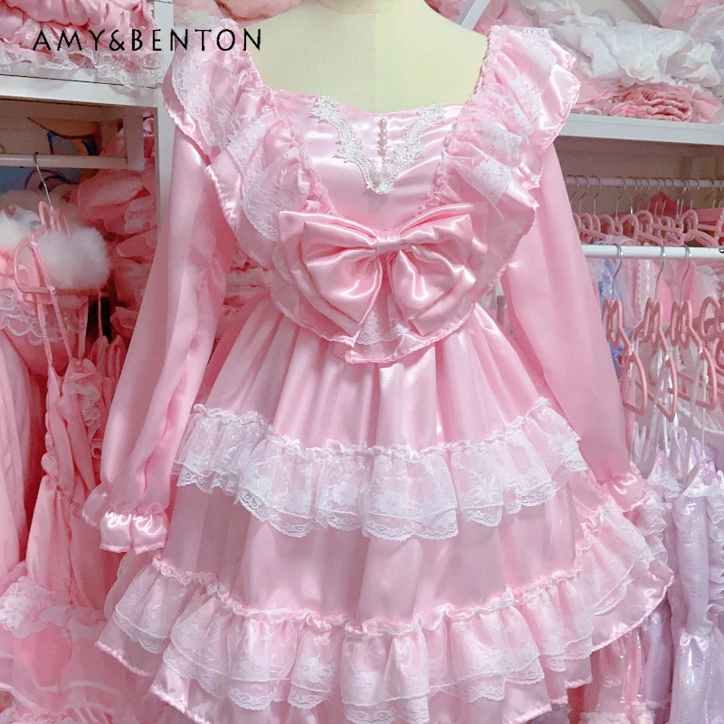 

Original Design Japanese Sweet Pink Women's Dress 2026 Summer New Lace Splicing Y2k Cute Bow Square Neck Short Dresses Ladies