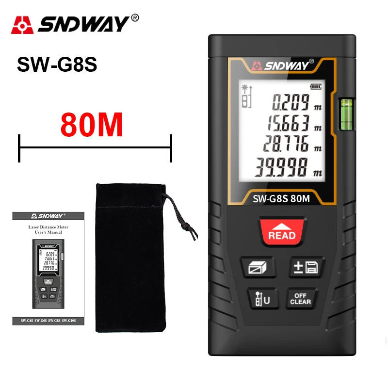 SNDWAY Nauwkeurige laserafstandsmeter 40M 80M Lasermeetlint Digitale Roulette met afstand / gebied / volume / zelfkalibratie