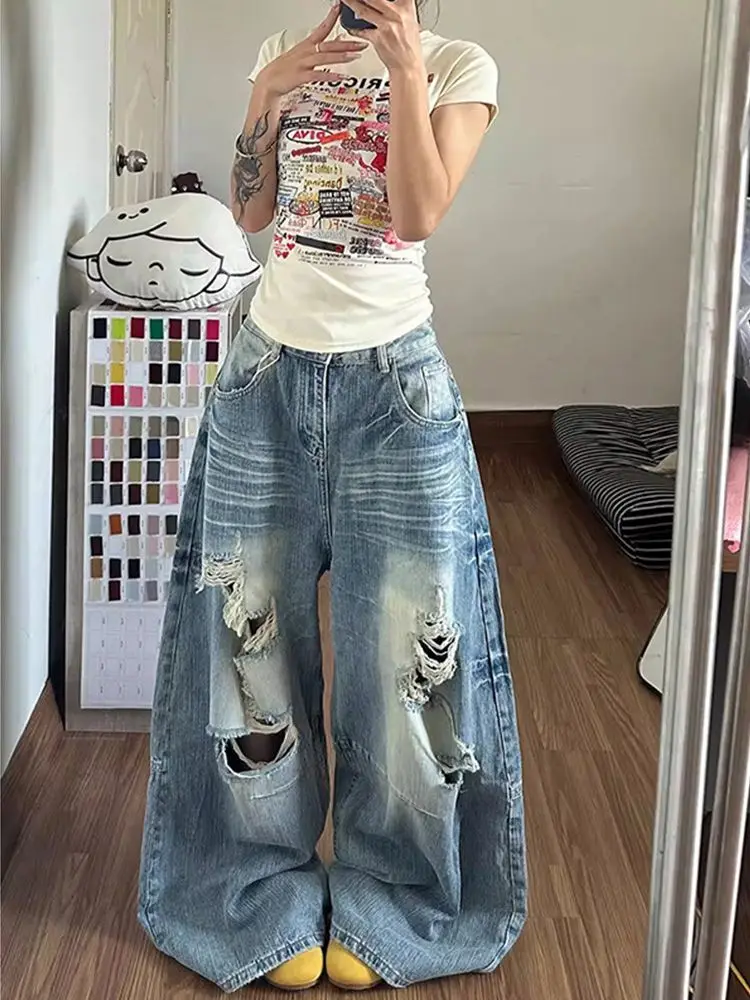 

Spring Women American Vintage Ripped Distressed Jeans Streetwear Y2K Fashion Relaxed Loose Lazy Style Floor-Length Denim Pants