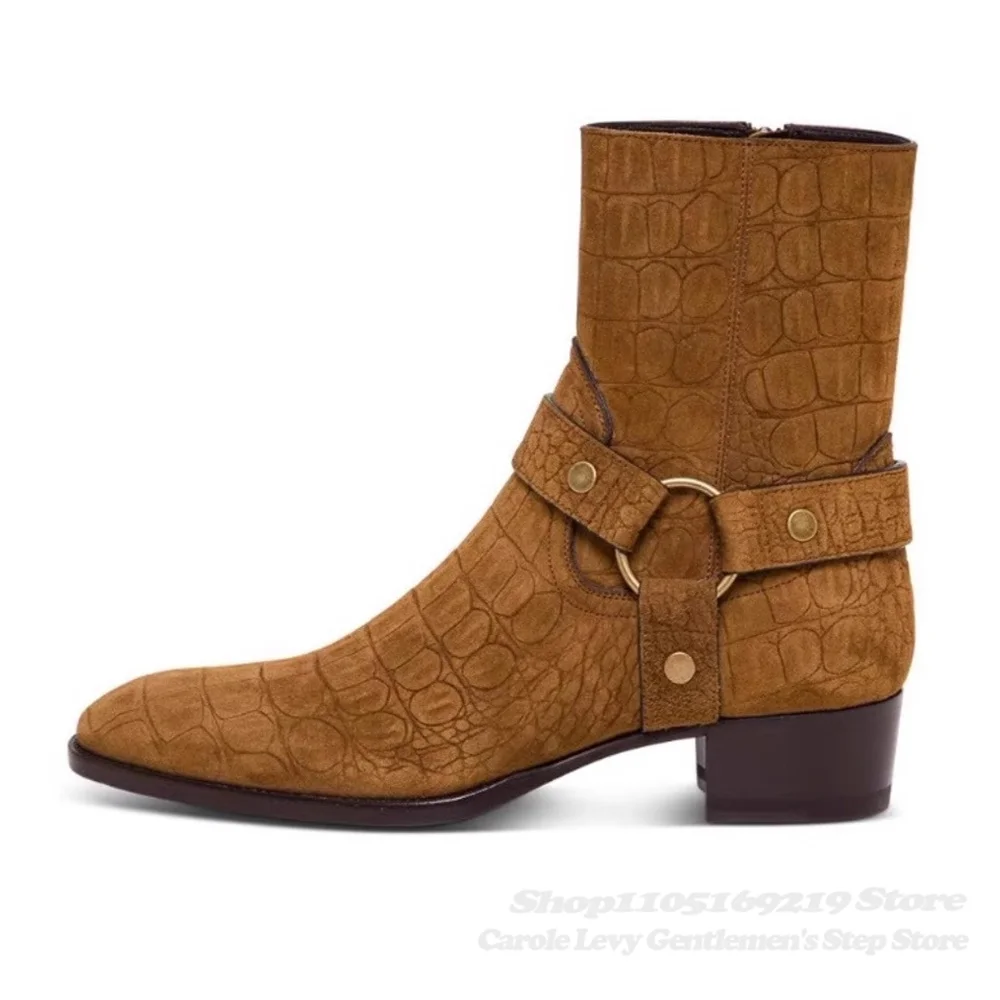 New Brown Embossed Leather Men Boot Pointed Toe Side Zipper Fashion Middle Heel 4Cm Chelsea Boots Trendy Chunky Heel Ankle Boot