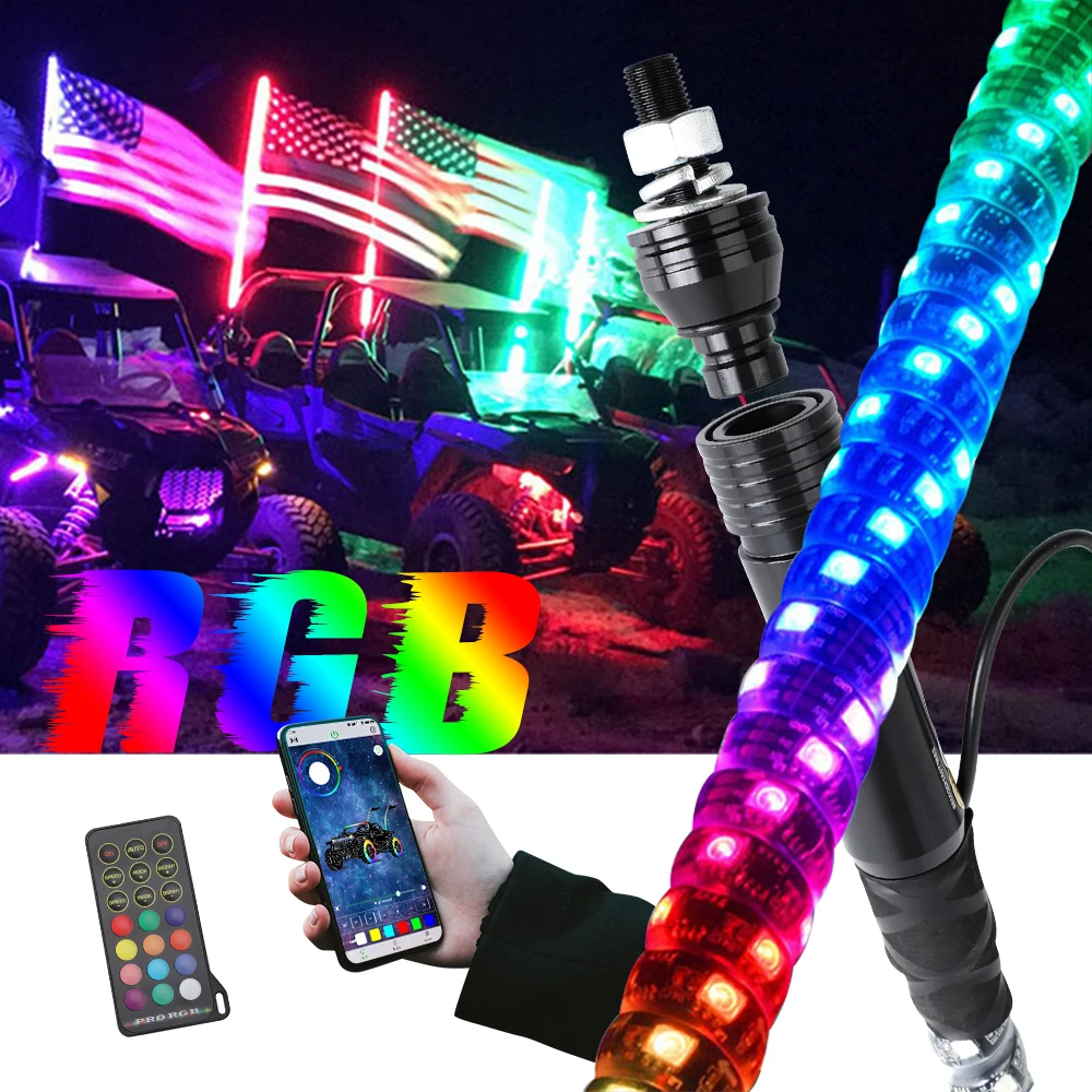 3ft 4ft 5ft 6ft RGB Antennas Whip UTV SXS ATV RZR Off Road Remote APP Control Led Whip Lights