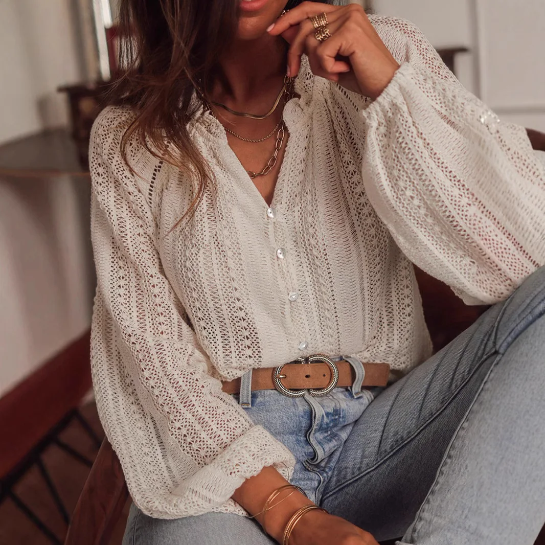 

Shirt Women Tops V Neck Blouses Work Elegant Full Sleeve Casual Top Simple Hollow Out Shirts Y2k Streetwear Work Summer 2025