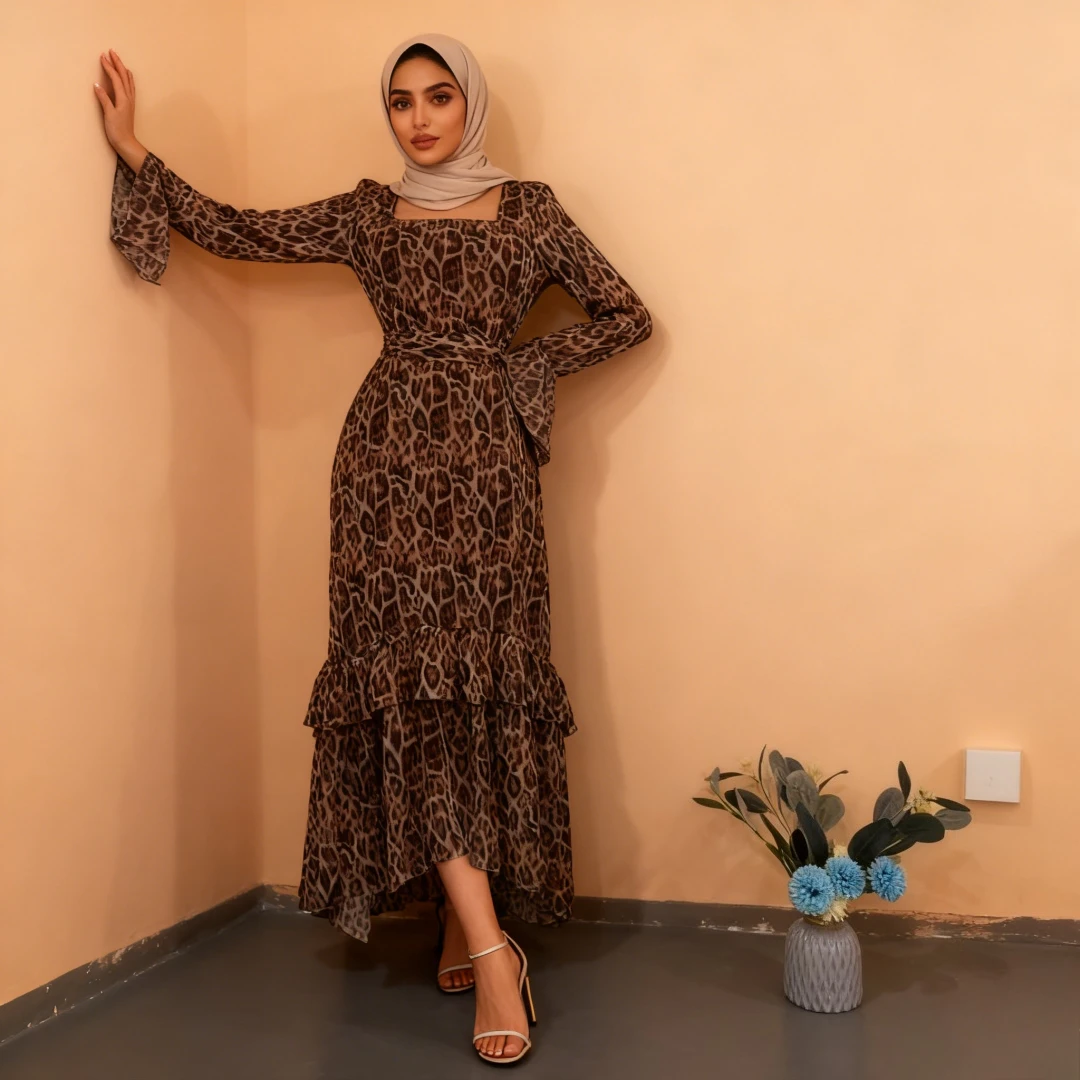 

Праздничное женское платье с леопардовым принтом, мусульманская абайя, праздничные платья для Рамадана, джалабия, дубайский марокканский кафтан, исламская арабская длинная роба, платья-вестидос