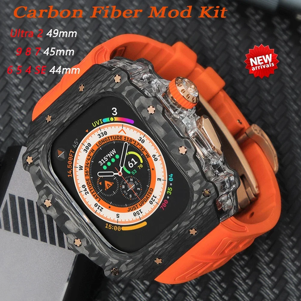 Carbon Fiber Modification Kit for Apple Watch Ultra2 49mm Transparent Frame Metal Case for Iwatch 9 8 7 6 5 44/45mm Rubber Strap