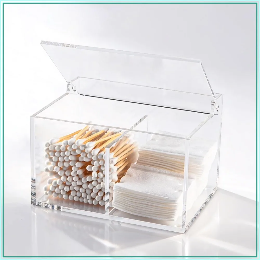 

Clear Acrylic Cotton Swab Holder with Lid, 2-Grid Qtip Organizer for Makeup Pads, Floss Picks, Vanity Storage, Bathroom Decor