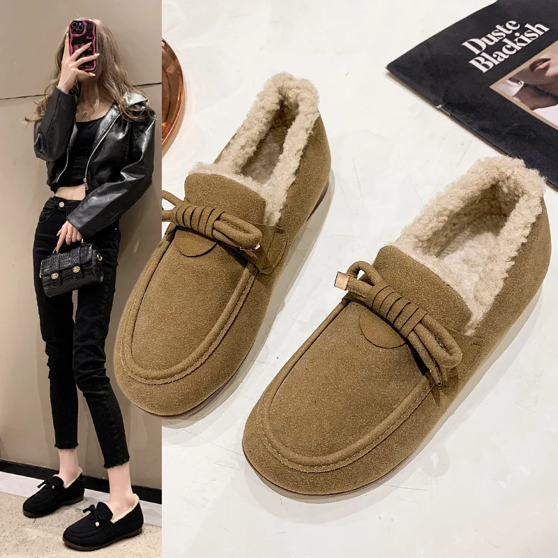 Black Leather Loafers Shoes Woman Boots Winter Flat Fashion Keep Warm One-step Faux Fur Casual Shoes Women Walking Flats Shoes