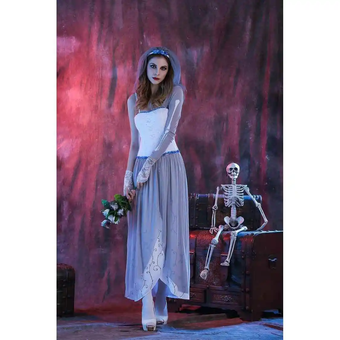 White Zombie Ghost Bride Costume loween Role Play Masquerade Ball Stage Performance Night Club Outfit Polyester Fiber