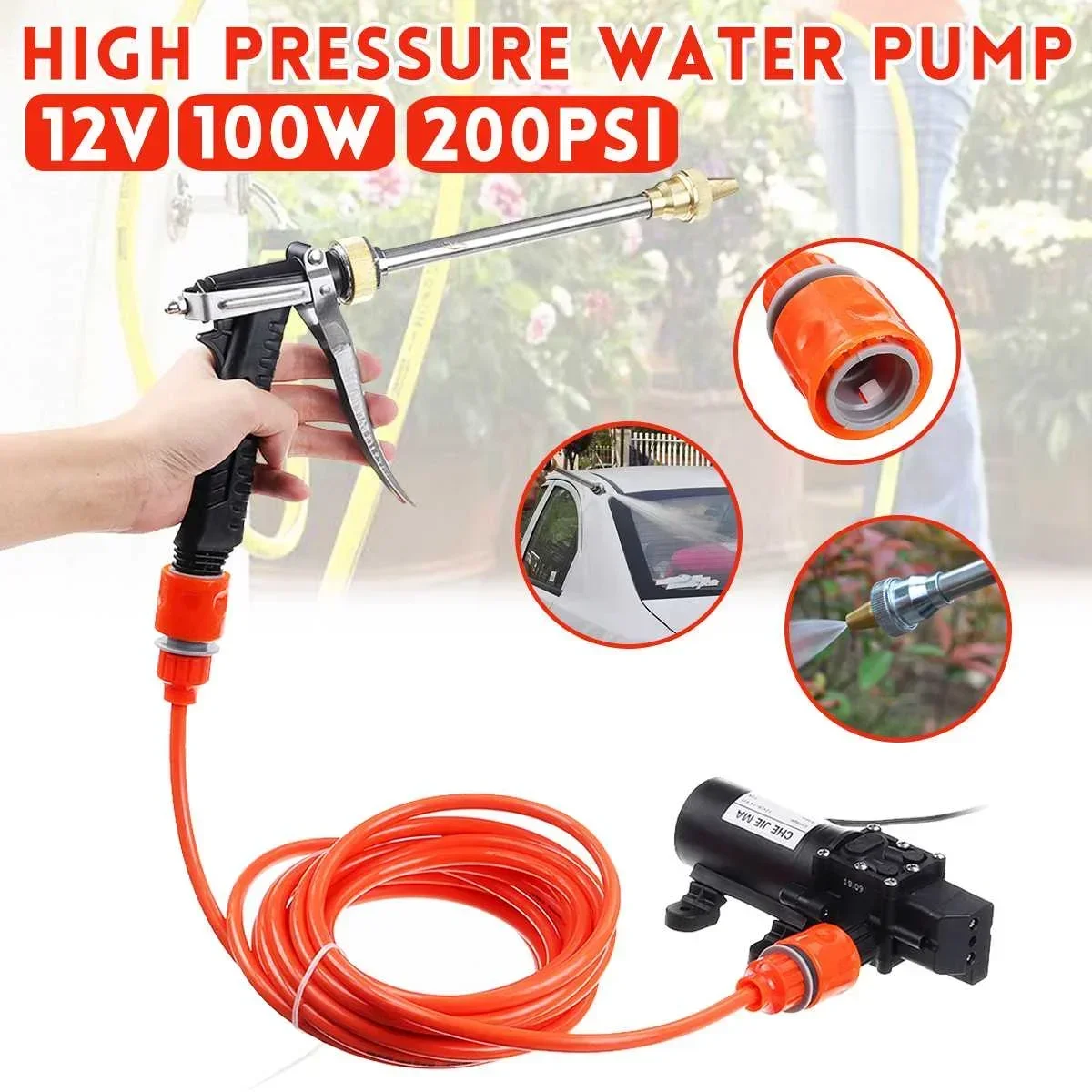 

12V 100W 200PSI Car Electric Wash Pump Sprayer Kit High Pressure Auto Washer Sprayer Cleaning Machine Set with Car Charger