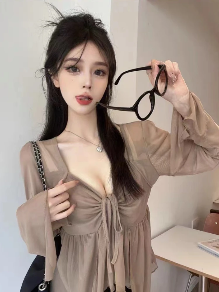 Irregular T-shirts Women Long Sleeve V-neck Summer Solid Korean Fashion Ulzzang Pretty Sexy Sweet Girls Daily Casual Tender Tops