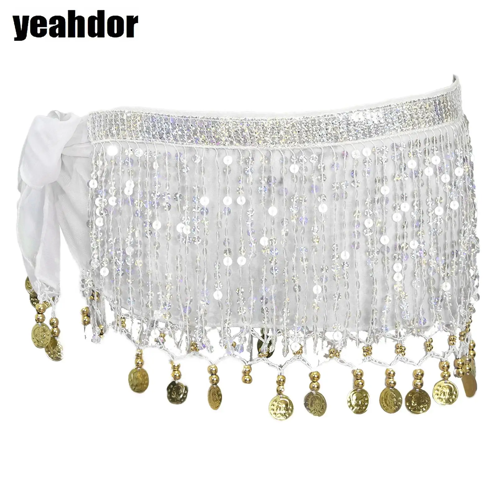 Halloween Belly Dance Hip Scarf Sequin Tassel Plastic Beads Metal Sequin Lace-Up Mesh Hip Skirt Dancewear for Cha-Cha Samba