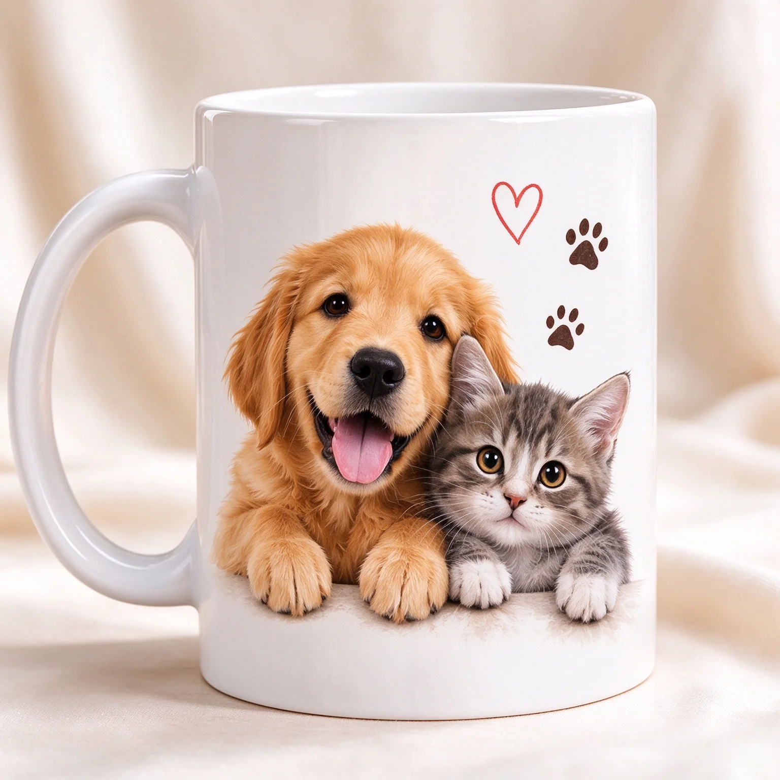 Golden Retriever and Grey Kitten Print Coffee Mug, Cute Pet Animal Ceramic Cup, Gift for Cat Dog Lover Home Office Drinking Cup