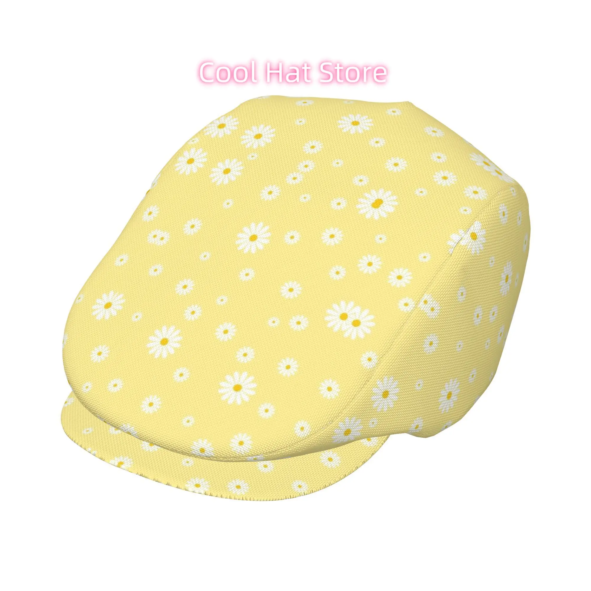 Yellow Daisy Print Stylish Retro Newsboy Cap, Unisex Beret, British Avant-garde Cap, Adjustable Solar Protection, Classic Casual