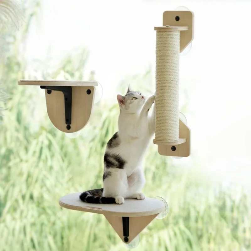 Mewoofun Rede de poleiro para janela de gato com degraus de escalada e poste para arranhar Cama de gato montada em janela de madeira para gatos