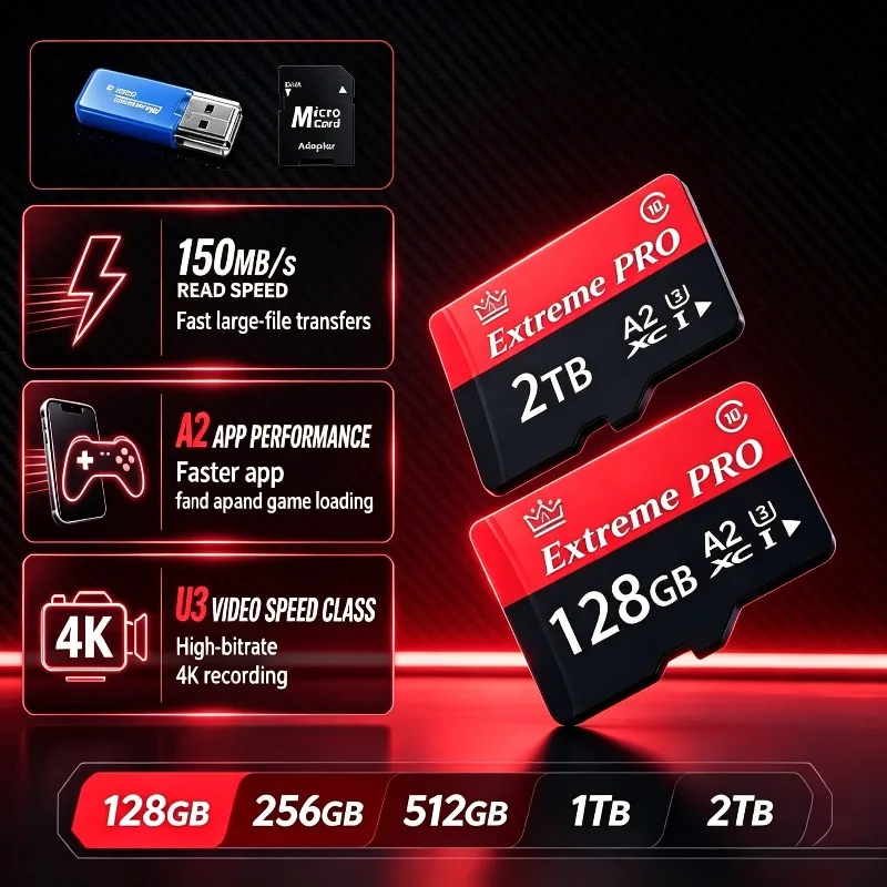 New 2026 128GB 256GB U3 A2 V30 High-Speed Micro SD Card with Adapter, UHS-I Class 10 for Android Tablets, Gaming & Phones.