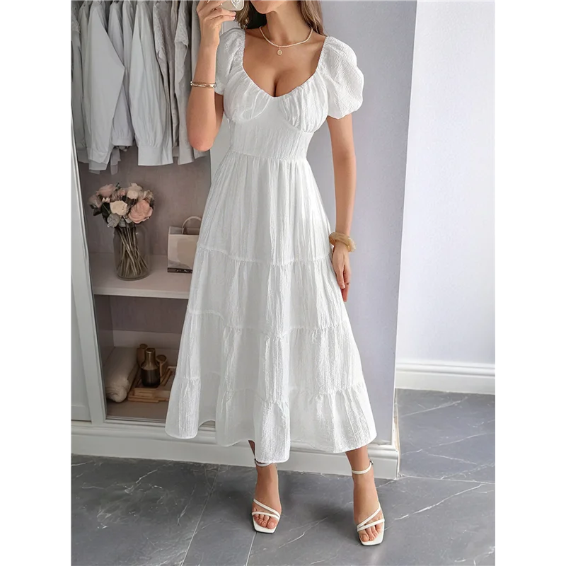 CYL-Women's Summer Casual Midi Dress Puffy Short Sleeve V-Neck Smocked Tiered Ruffle Dresses