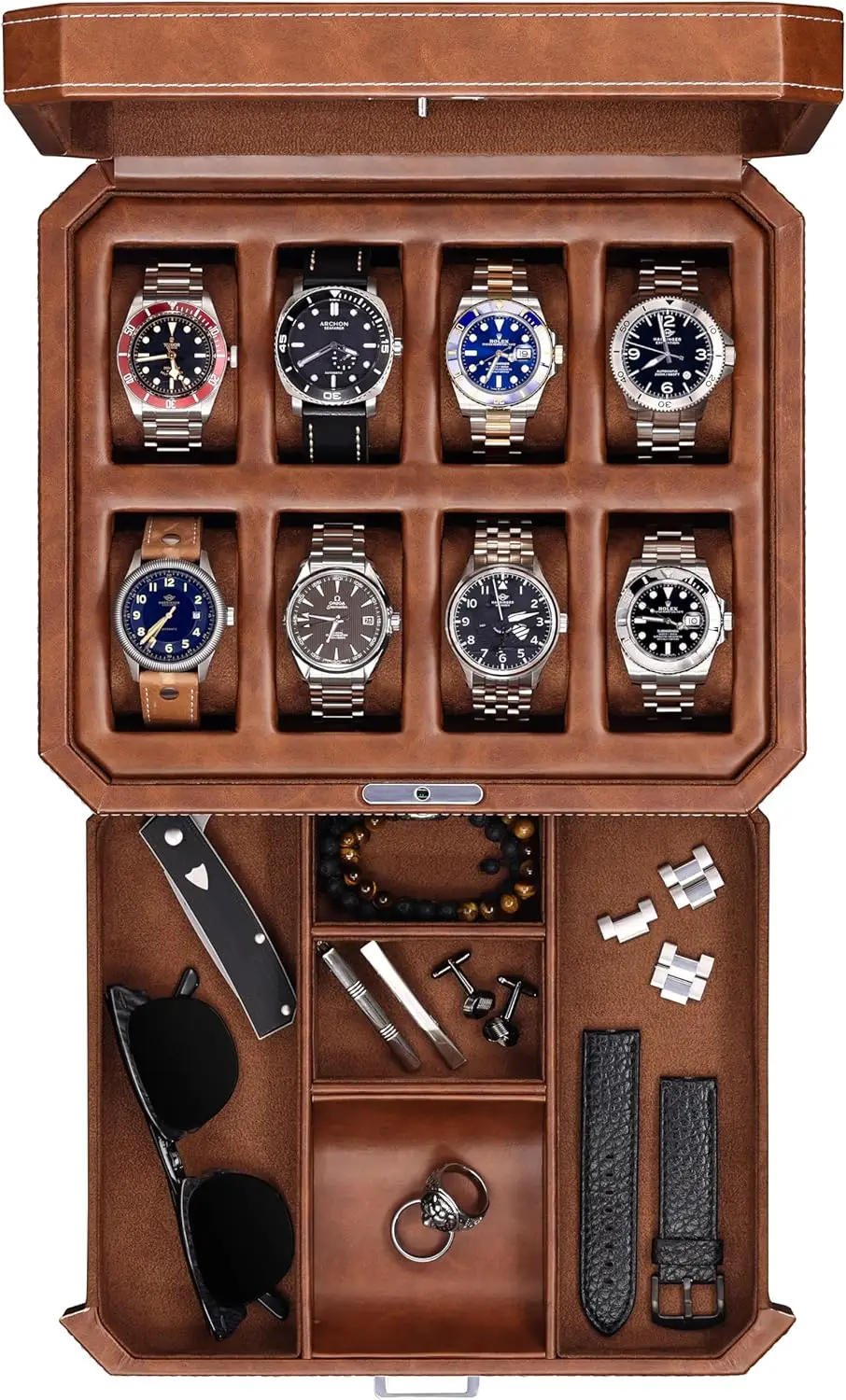 

8 Slot Leather Watch Box with Valet Drawer - Locking Display Case, Real Glass Top, Jewelry Organizer for Men & Women (Tan/Brown)